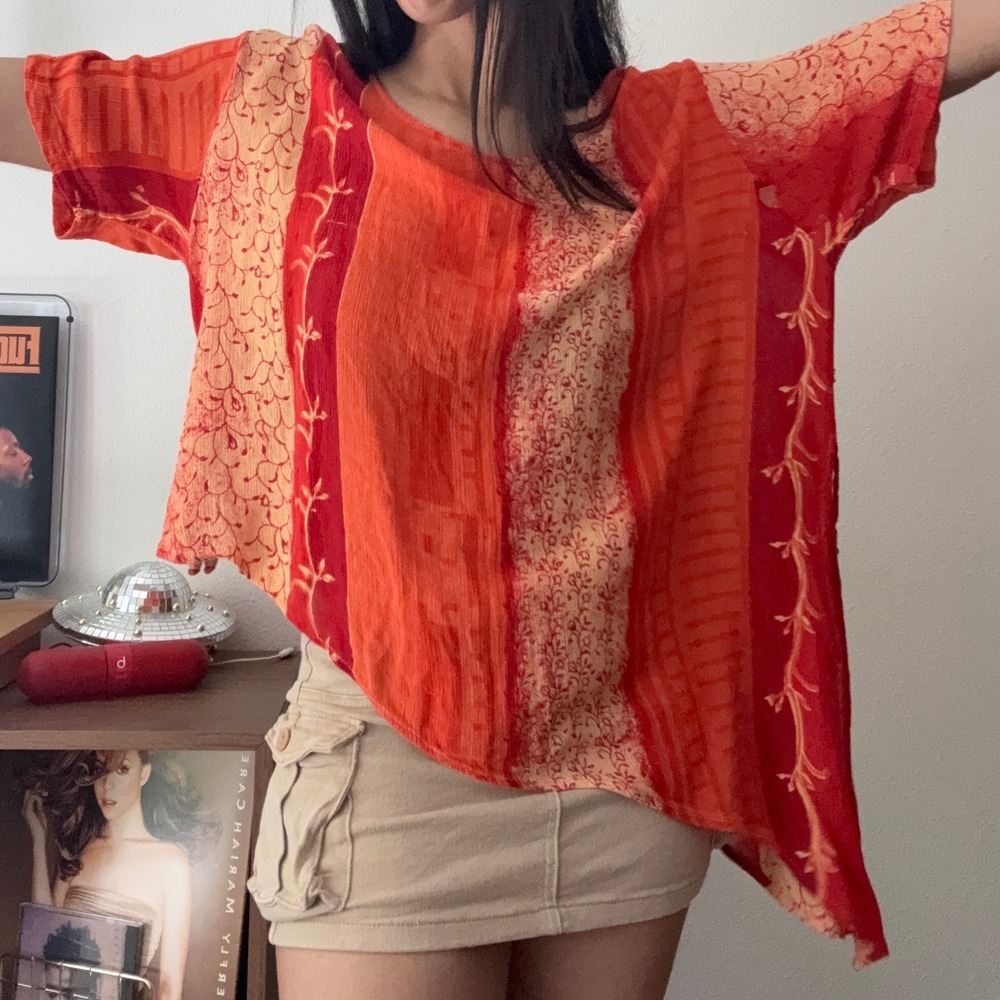 Boho Asymmetrical Sharkbite Tunic Top Orange Red Floral Beaded Tassel One Size - Picture 3 of 9